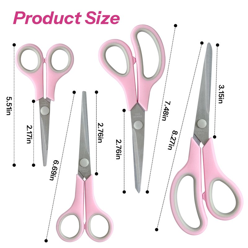 4 Pack Pink Scissors Set - All-Purpose 8in Heavy-Duty with Comfort Grip Handles
