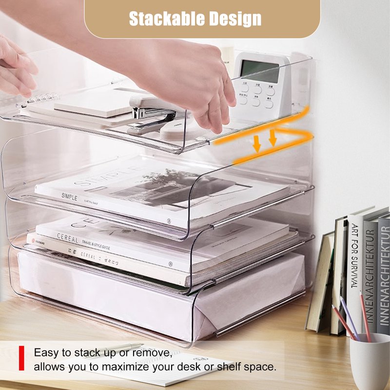 Stackable Desk Organizer Trays 4 Pack Clear Office Storage Sets
