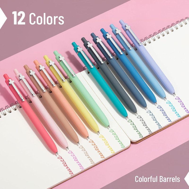 Retractable Gel Pens Set of 12 - Assorted Pastel Colors with Silver Clip