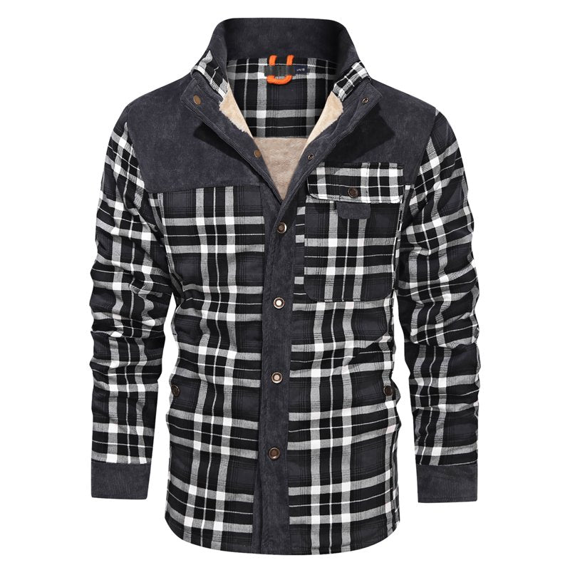 Men's Corduroy Plaid Sherpa Lined Flannel Shirt Jacket Coat – Gray, Size L