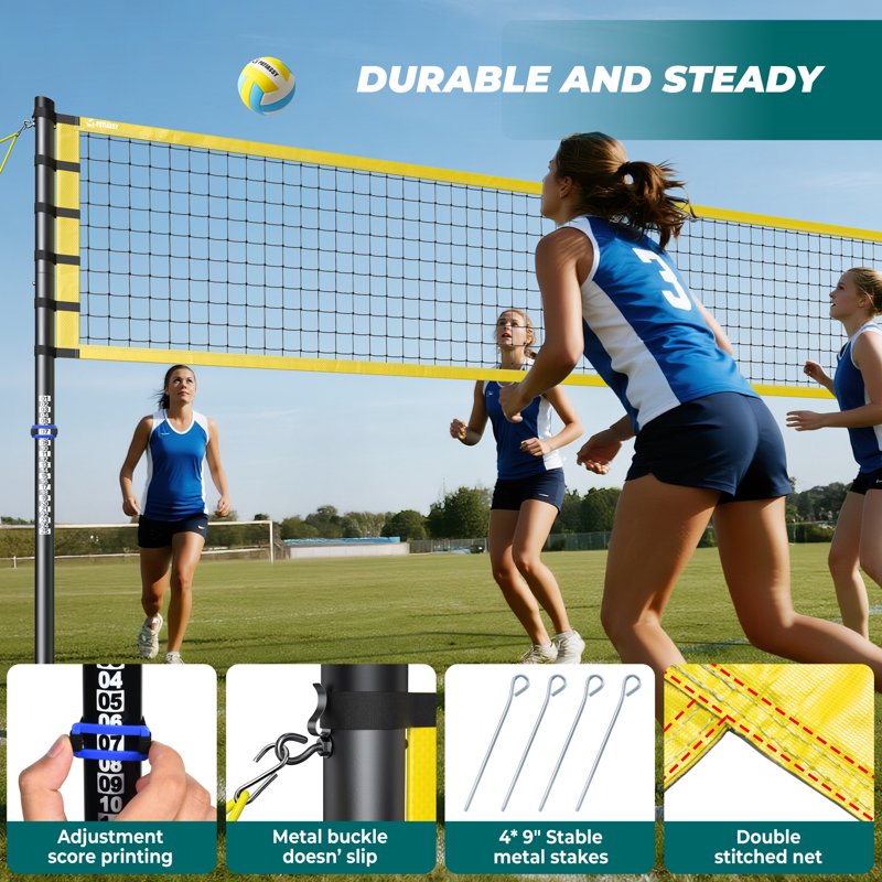 Outdoor Portable Volleyball Net Set System - Adjustable Height, Steel Poles, PU Volleyball, Carrying Bag