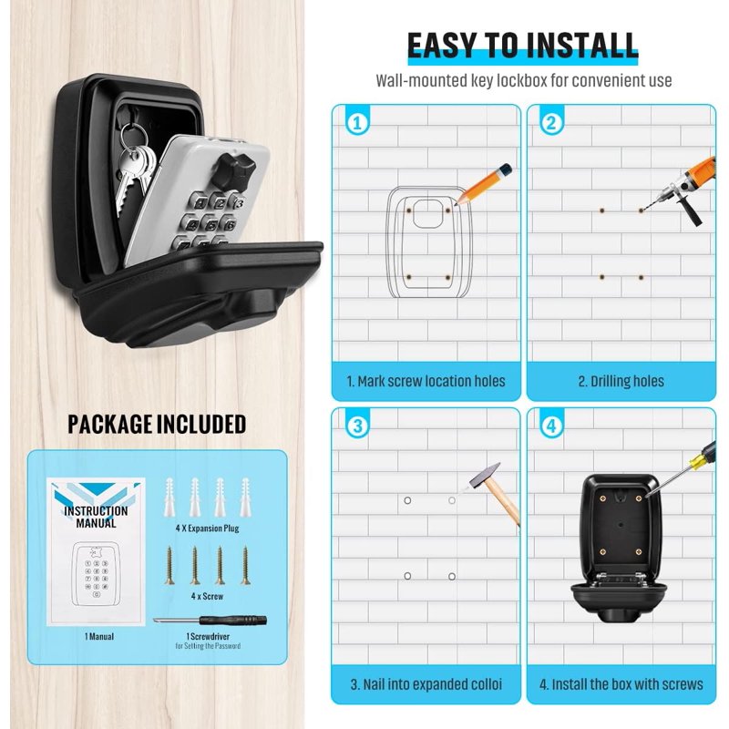 Waterproof Wall Mount Key Lock Box for Outdoor Security, 12-Digit Combination