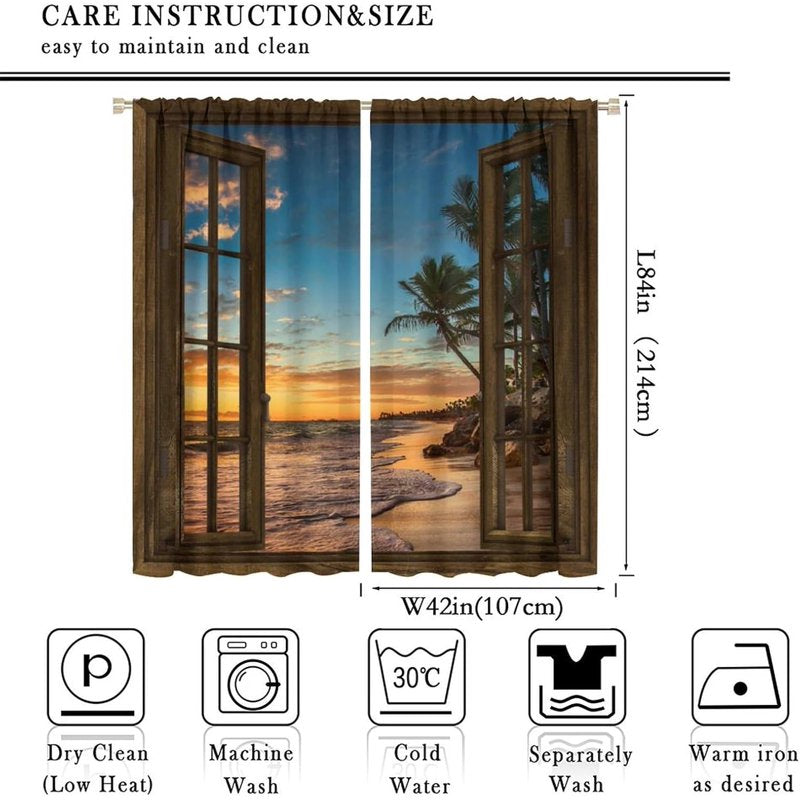 Beach Curtain Set for Windows - Sunset Print, Blackout, Rod Pocket, 2 Panels