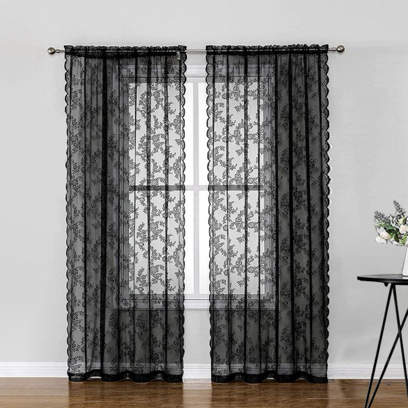 Black Lace Gauze Curtain Semi-Blackout for Living Room & Bedroom - Dust & Wrinkle Resistant