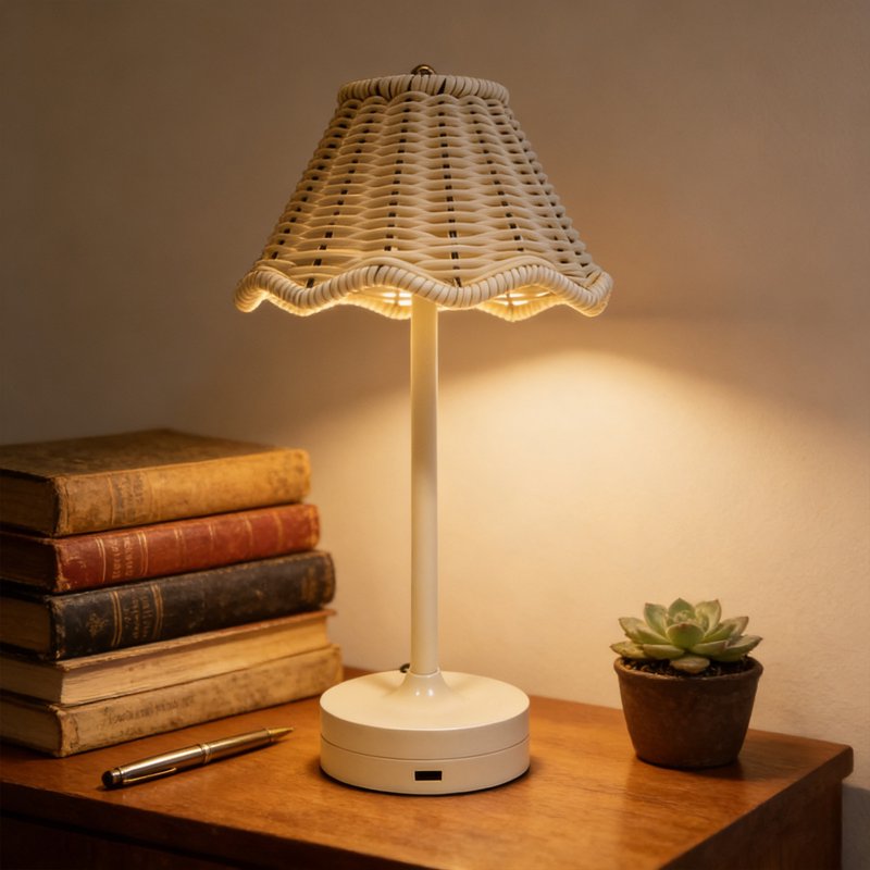 Rechargeable Cordless Table Lamp with Wicker Shade, Touch Control, Portable LED Light for Bedroom, Patio, Kitchen