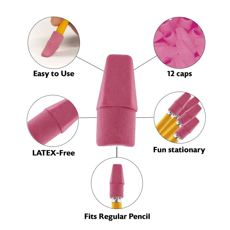 Pink Pencil Top Eraser Caps Latex-Free PVC-Free 12 Pack for Standard Pencils