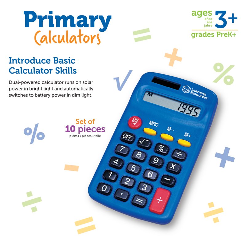 Primary Solar & Battery Powered Calculator Set for Early Math Skills - 10 Pack