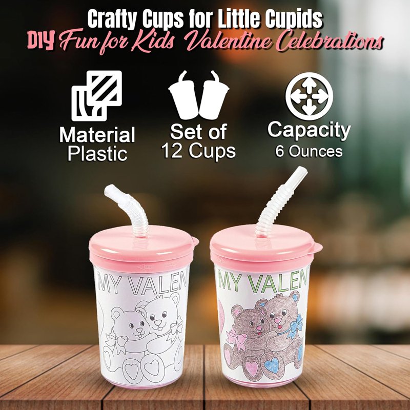 Color Your Own Valentine Cups with Lids & Straws - Kids Craft Kit, 12 Pieces