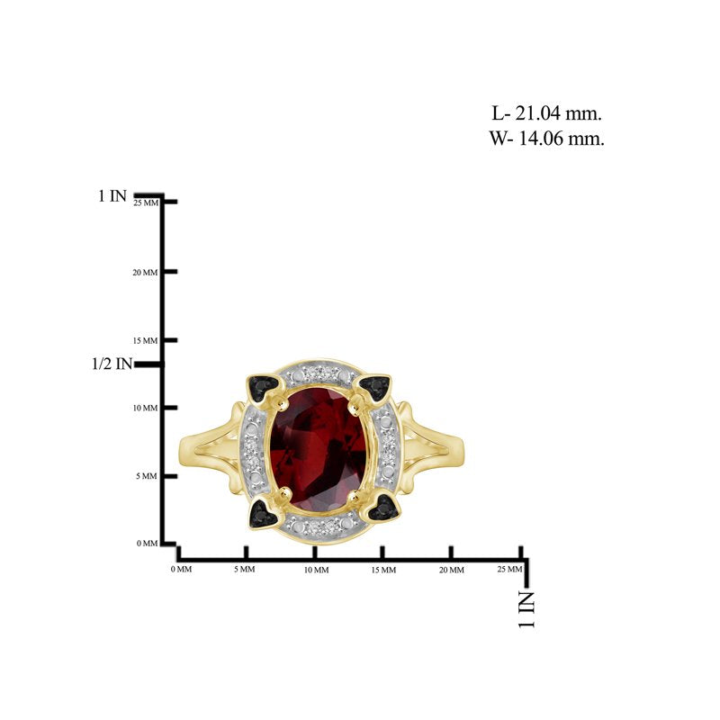 Genuine Garnet Cluster Ring with Black & White Diamonds - 14K Gold Plated Silver, Size 6