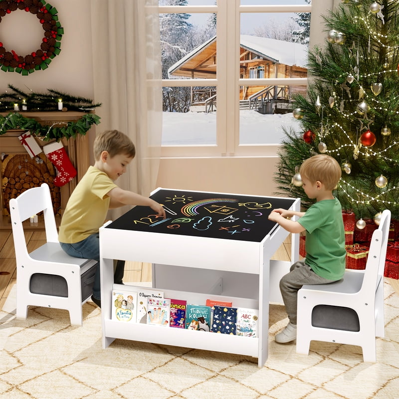 Kids Activity Table & Chairs Set with Storage & Reversible Blackboard