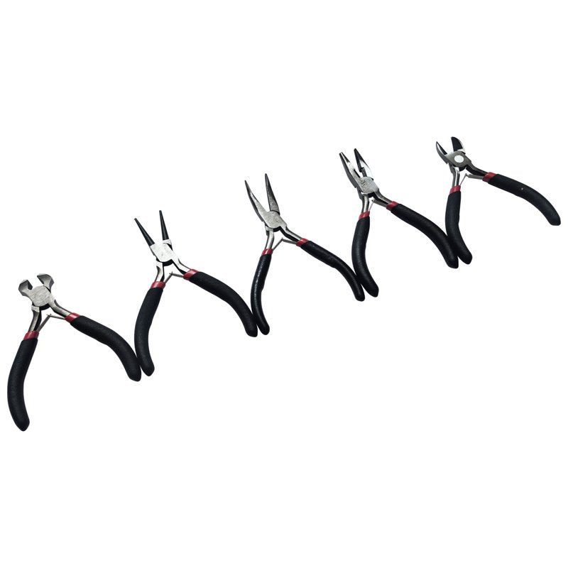 Jewelry Pliers Set 5 Pieces - Round Nose, Long Nose, Bent Nose, Cutters for Beading & Wire Work