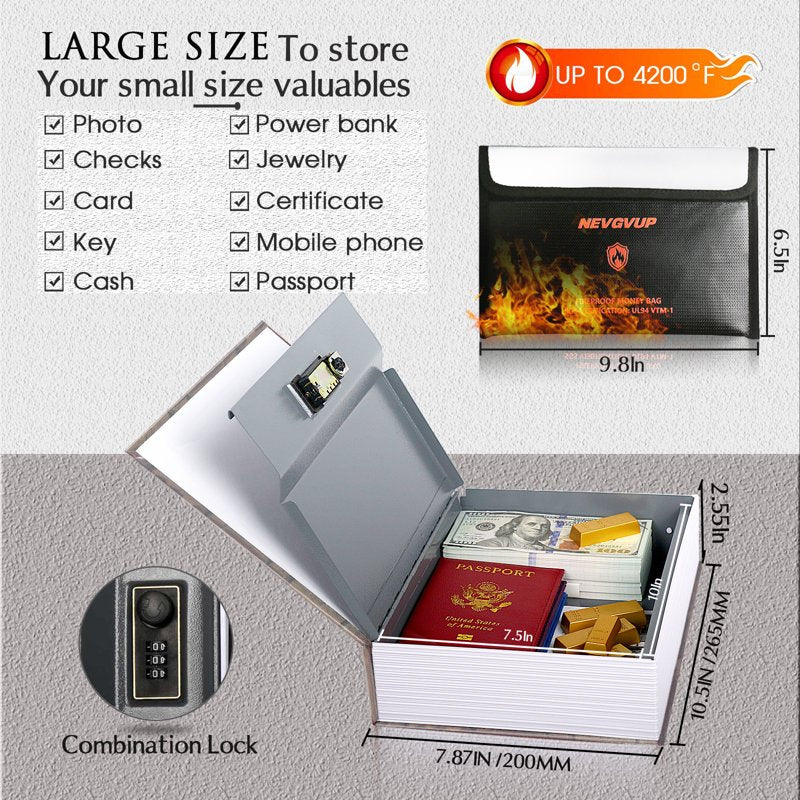 Fireproof Book Safe with Combination Lock - Hidden Money Storage Bag