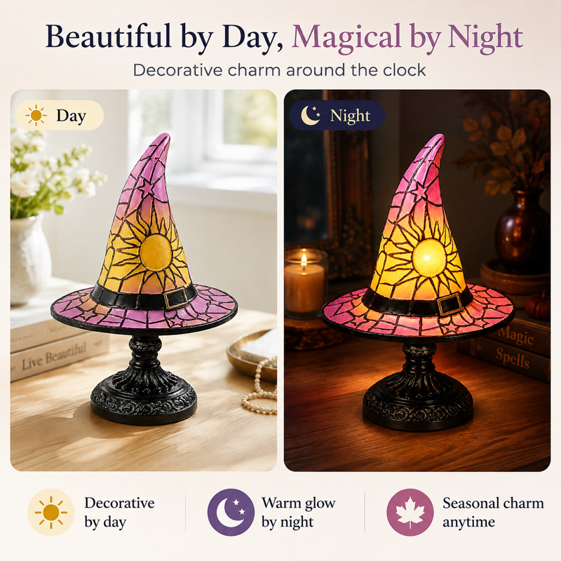 Diceymbol Halloween Stained Glass Witch Hat Lamp - Purple Gothic Table Night Light, 12 Inch (Variation G)