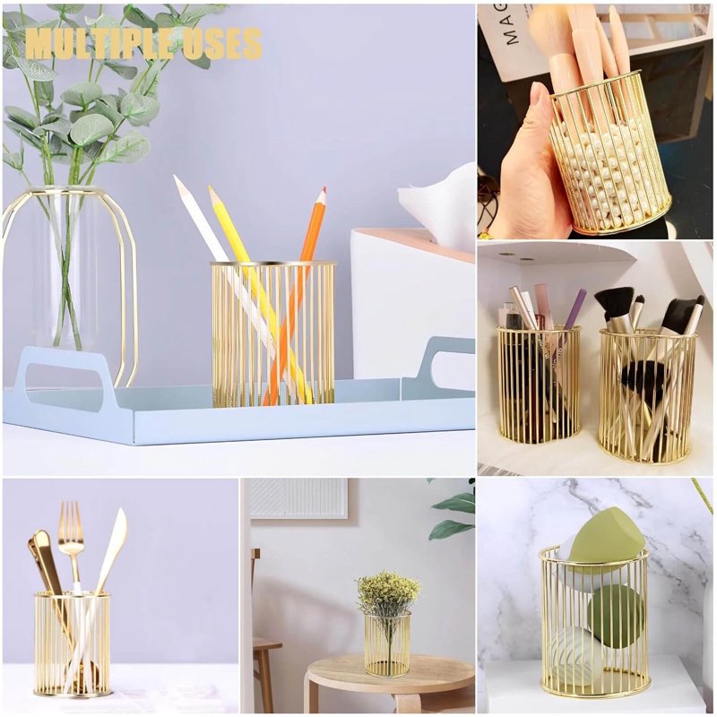 Gold Metal Pen Holder for Desk and Makeup Brush Organizer - Elegant Office & Vanity Accessory