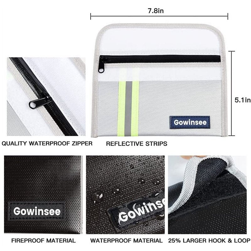 8x5 Inch Fireproof Document Bag Waterproof Safe Bag for Valuables - Black+Gray 2 Pack