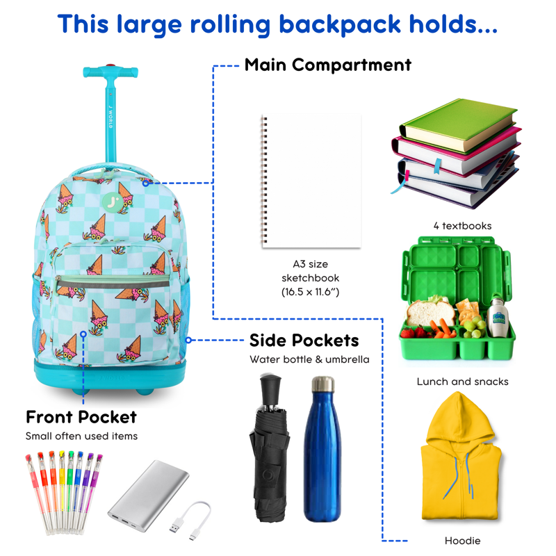 Kids Rolling Backpack with Wheels and Multiple Compartments - 18 Inch School & Travel Bag