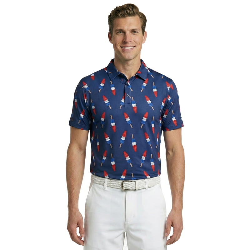 Birdie Bound Men’s Polo Top - Firecracker Popsicle Print, XS-4XLT, S-Variation Dessert Pop Sodalite Blue