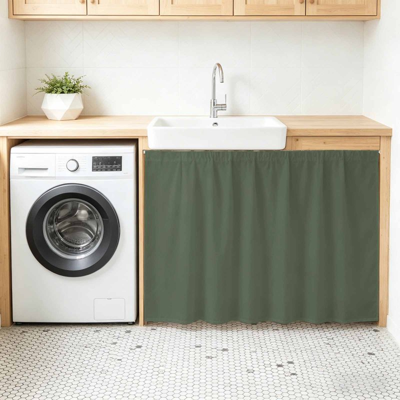 Deep Green Kitchen Cabinet Curtain Set with Magic Tape - Rustic Under Sink Privacy Panel