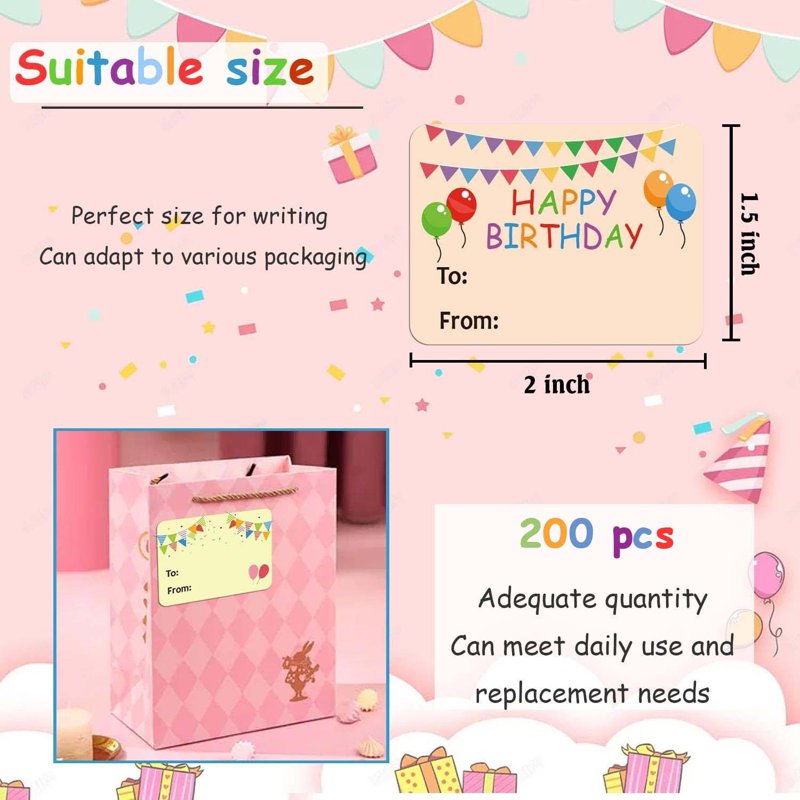 Birthday Gift Tag Stickers 200-Pack Rectangle Labels for Party Favors and Packages