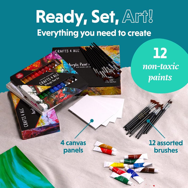 Acrylic Paint Set for Artists Kids & Adults - 12 Colors with 12 Brushes & Canvases