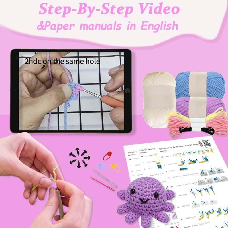 Crochet Animal Kit for Beginners - DIY Unicorn, Elephant, Octopus Craft Set