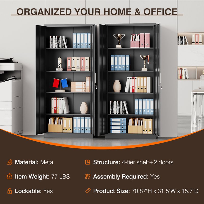 Tall Metal Storage Cabinet with Adjustable Shelves - Locking Steel File Cabinet for Home & Office
