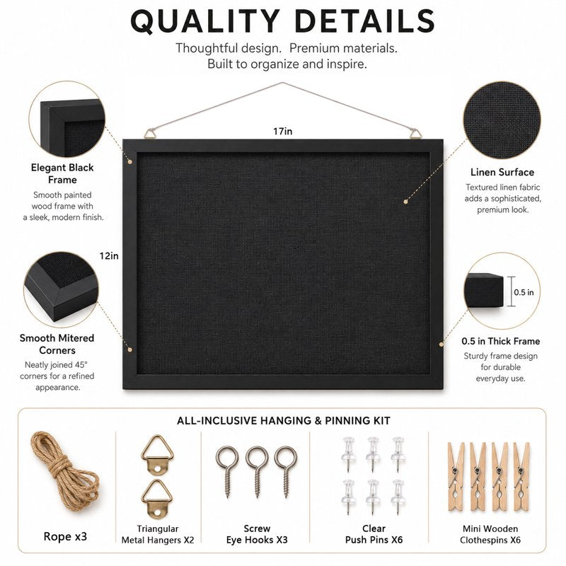 Black Linen Cork Bulletin Board 17x12 Inch Wall Display for Office & Home