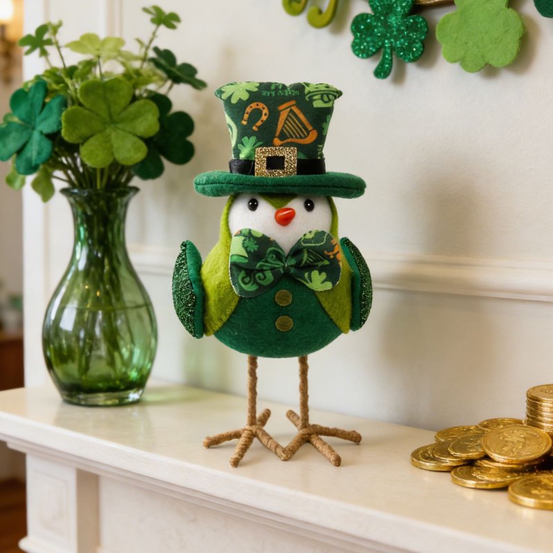 St Patrick's Day Plush Bird Decorations - Green Irish Figurines with Shamrock Pattern, Tabletop Ornaments for Holiday Party Decor