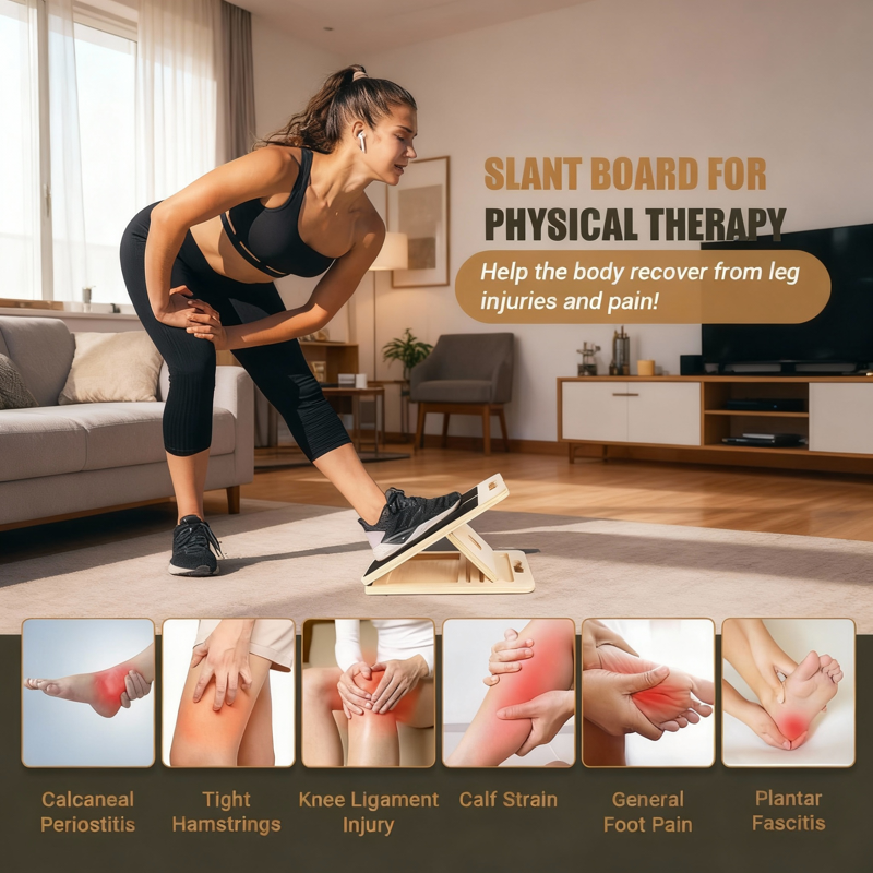 Adjustable Wooden Calf Stretching Board with Resistance Bands - Physical Therapy & Injury Prevention