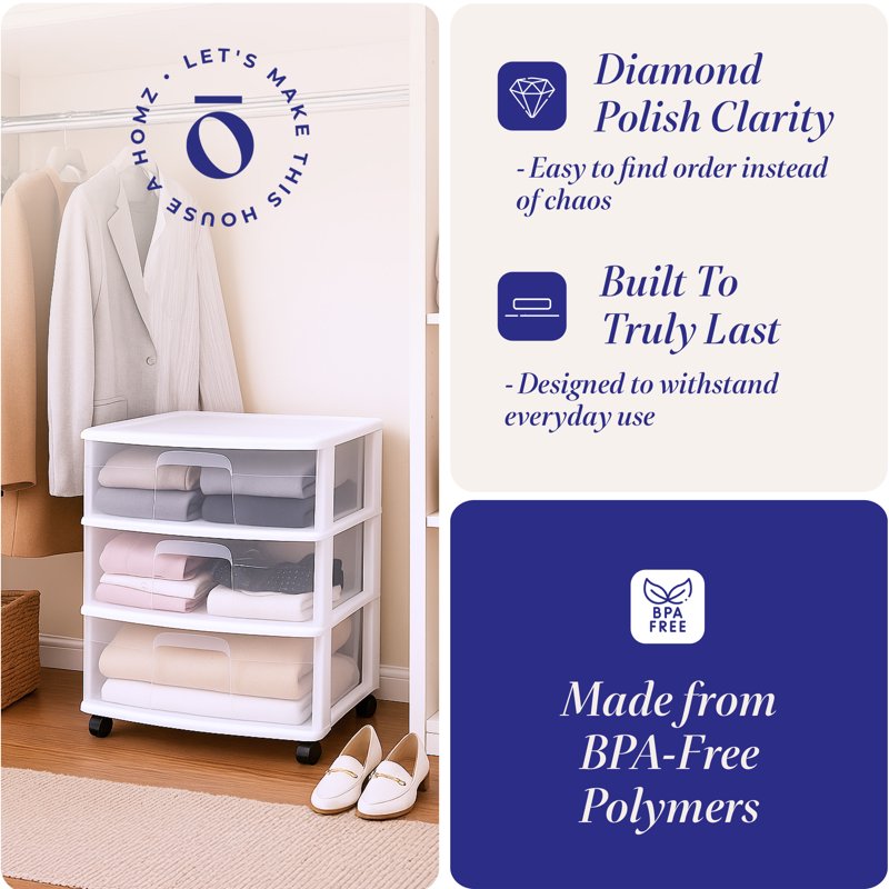 Small Rolling Storage Cart with 3 Clear Drawers, Space-Saving Organizer