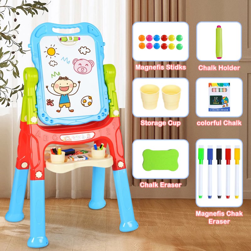 Kids Art Easel with Whiteboard & Chalkboard, Adjustable & Rotatable, Portable Craft Gift