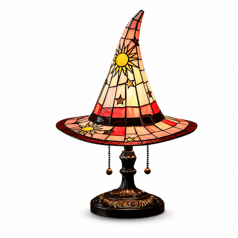 Halloween Witch Hat Stained Glass Lamp with Sun Pattern - Spooky Night Decor 8 Inch
