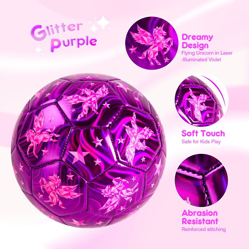 PlayZap Size 3 Cartoon Soccer Ball with Pump - Sparkly Purple Unicorn for Kids 3-8