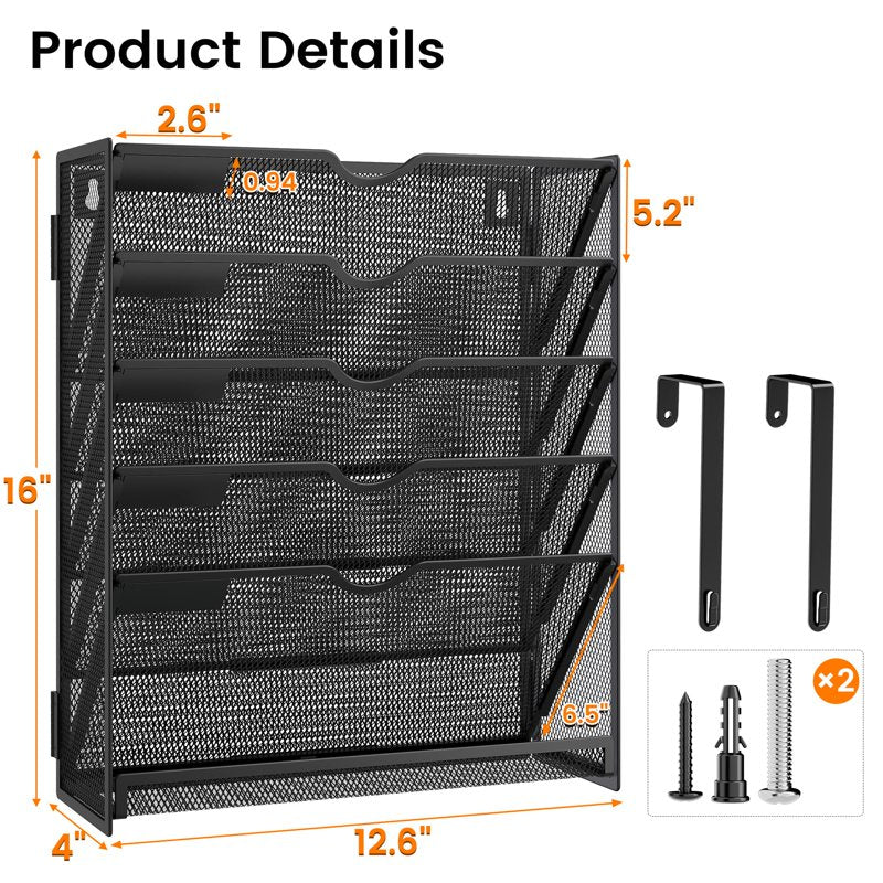 6-Tier Wall File Organizer with Hooks - Metal Hanging Magazine Holder for Office & Home