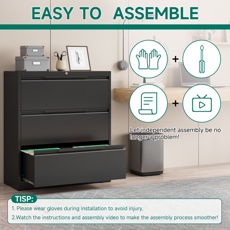 Metal 3 Drawer Lateral File Cabinet with Lock for Office & Home Storage