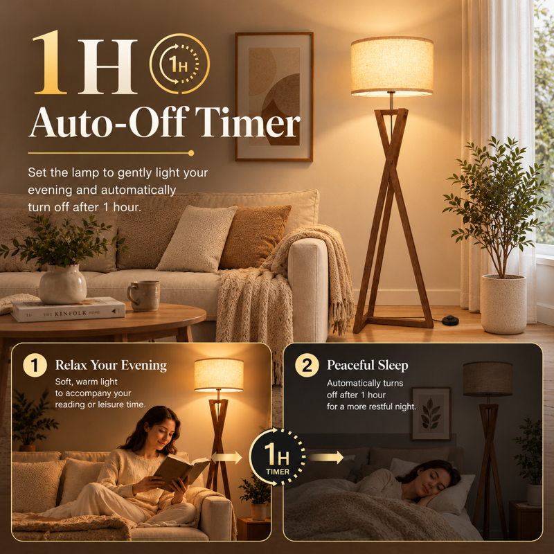 Wood Tripod Floor Lamp with Shelves, Dimmable Standing Lamp with Remote, Modern Walnut or Black Finish