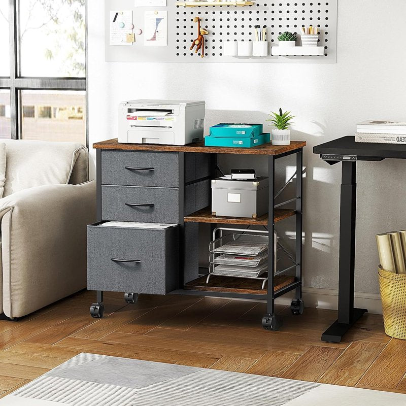 3-Tier Mobile File Cabinet with Drawers & Back Support Bar - Rustic Brown, Black, White