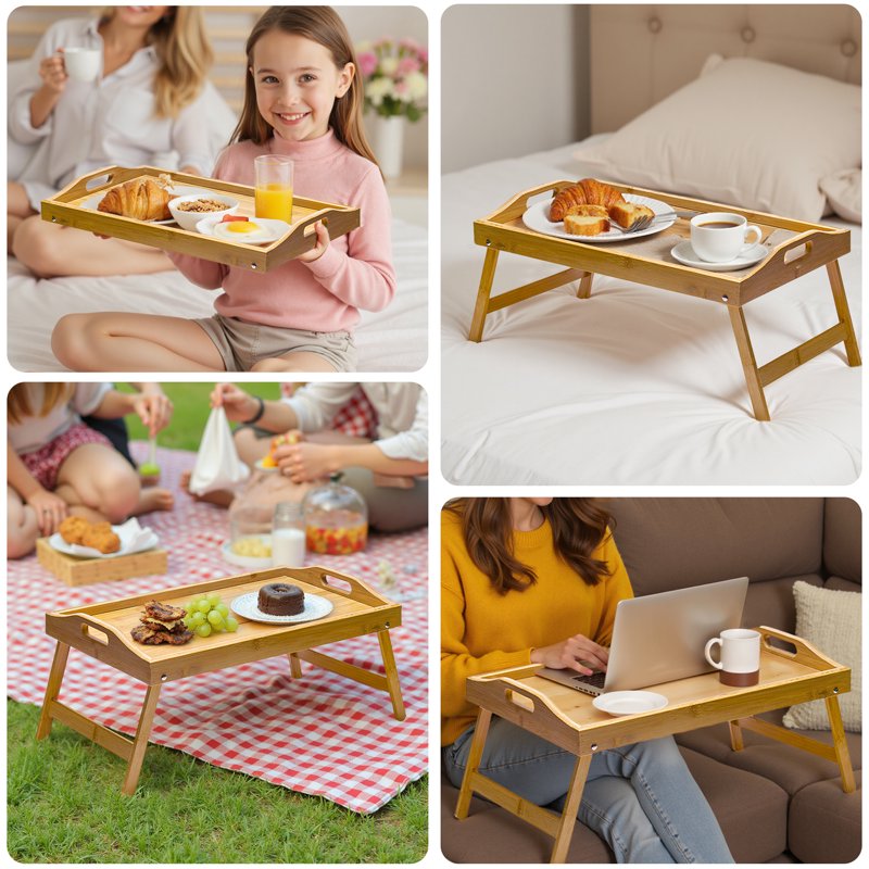 Bamboo Bed Tray Table with Folding Legs and Handles - Multi-Purpose Serving and Laptop Desk