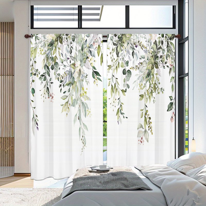 Green Flower & Leaf Print Light-Filtering Curtain Set for Bedroom & Living Room