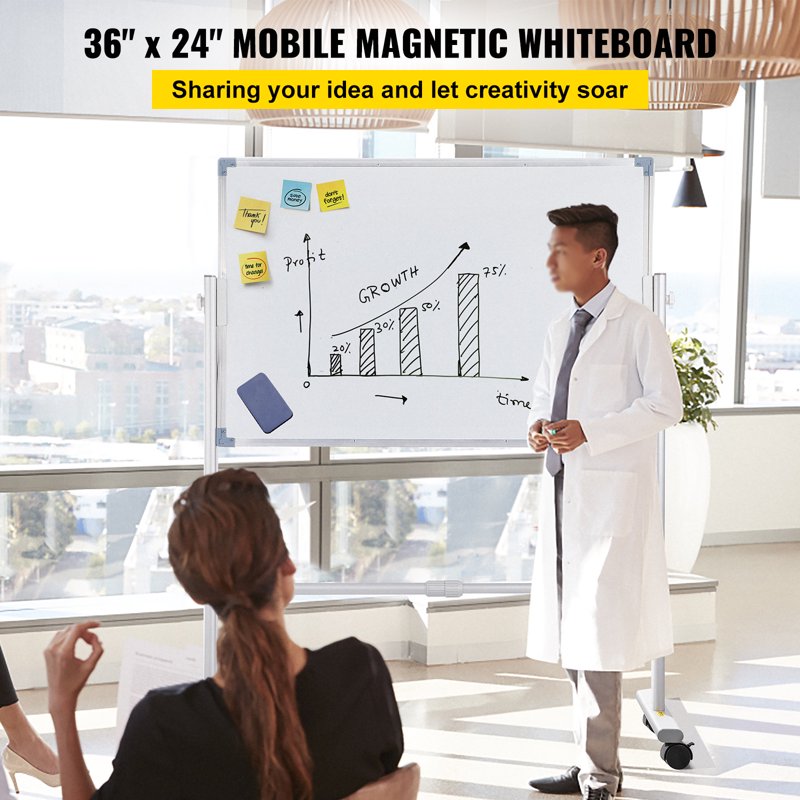 Magnetic Double-Sided Whiteboard with Adjustable Height & Mobility