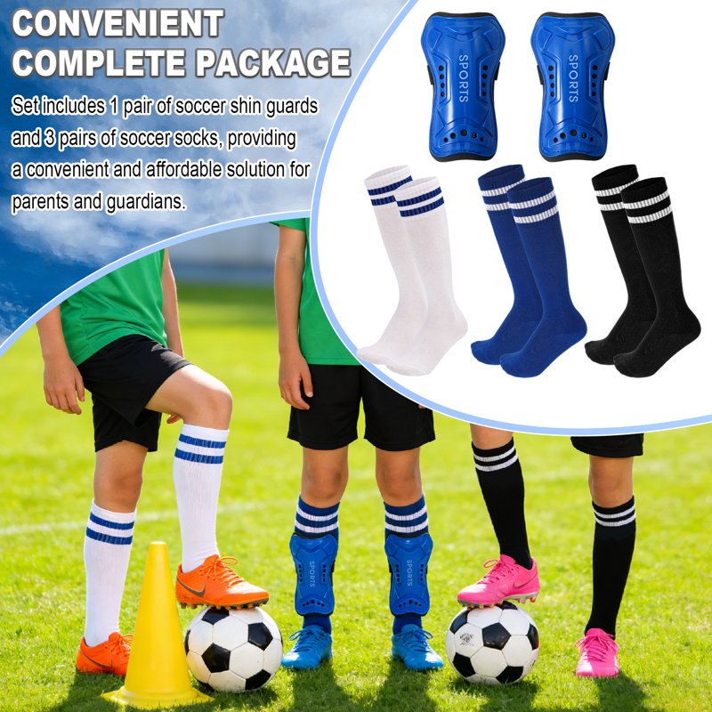 Kids Soccer Shin Guards Set with 3 Socks - Adjustable Lightweight Protective Gear (Blue / Black / White)