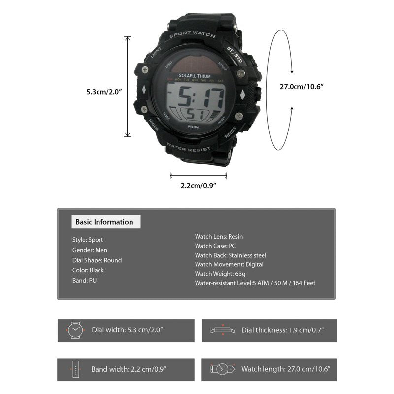 Men's Solar Digital Wristwatch with Water Resistance and Stopwatch