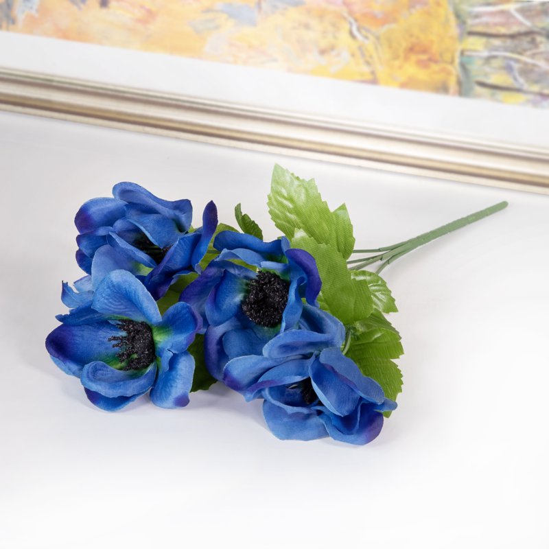 Artificial Anemone Flower Pick - Blue, 5-Head, 13 Inch Indoor Decor