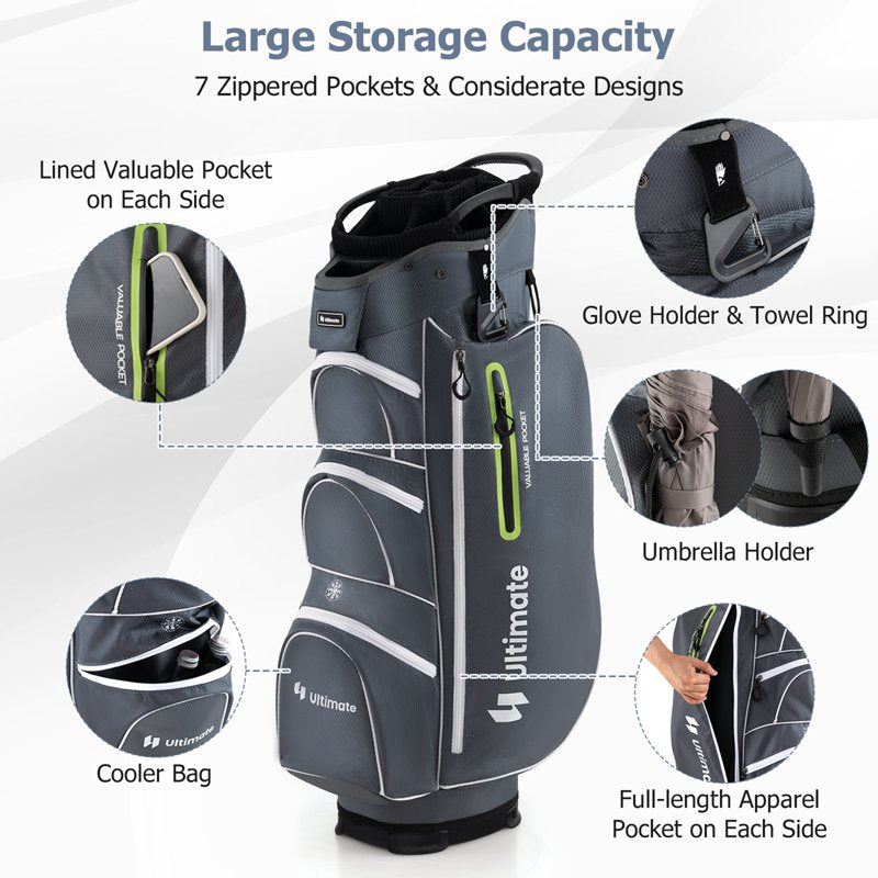 Costway 33'' Golf Cart Bag with 15-Way Top, Putter Well, Cooler, Rain Hood – Grey/Green Variation