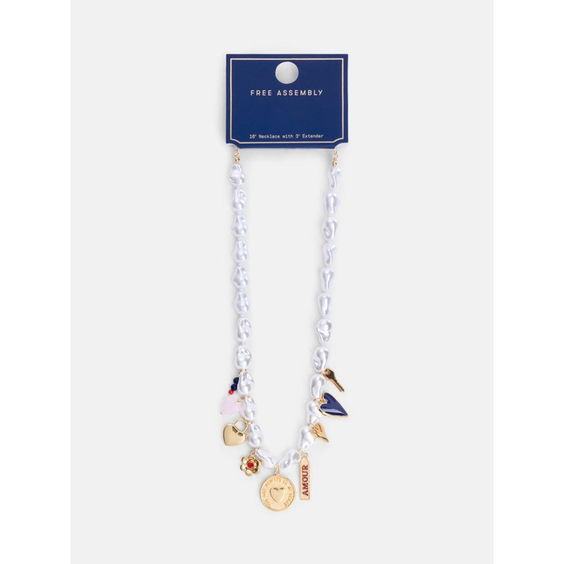 Faux Pearl Charm Necklace for Women 16-Inch with 3-Inch Extender