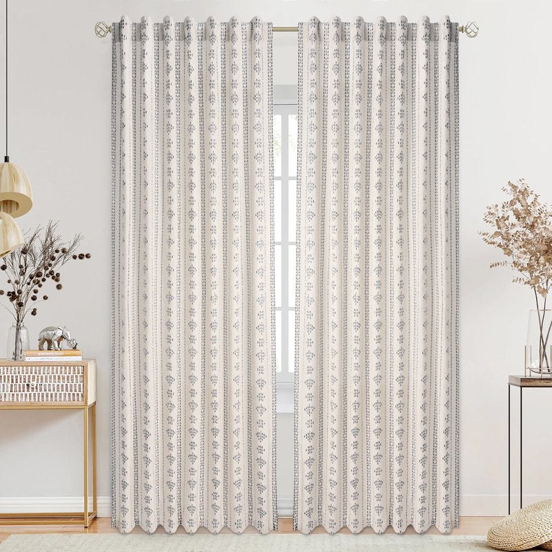 Boho Farmhouse Linen Curtains with Geometric Stripes - Light Filtering Window Drapes, 2 Panels