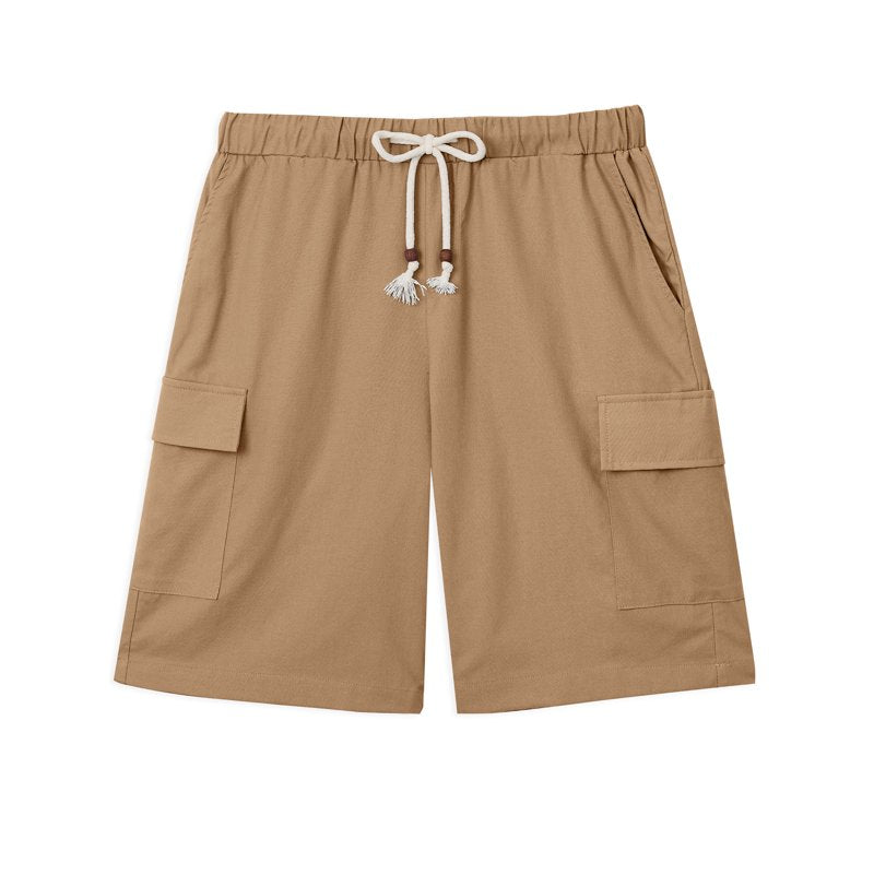 Men's Linen Cargo Shorts Elastic Waist Drawstring Summer Beach Pants with Pockets