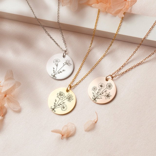 Personalized Birth Flower Necklace - Customizable Pendant for Mom & Gift