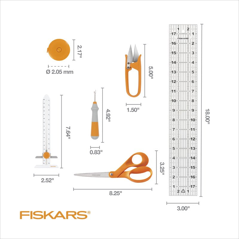 Fiskars Sewing Essentials Kit with Scissors, Thread Snips, Ruler & Tape Measure