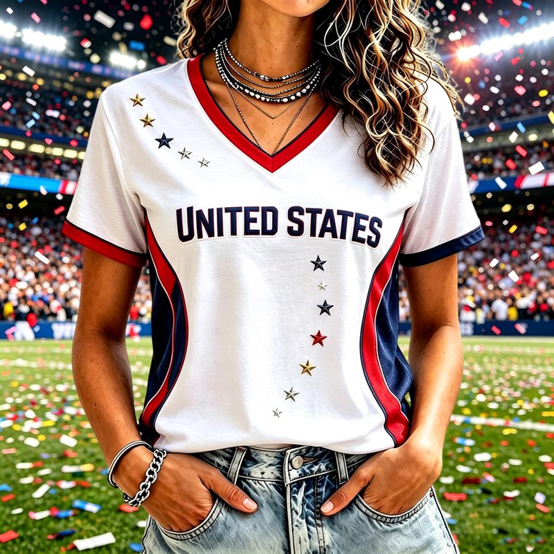USA Soccer Jersey for Women Vermilion XL - V Neck Patriotic Graphic Tee